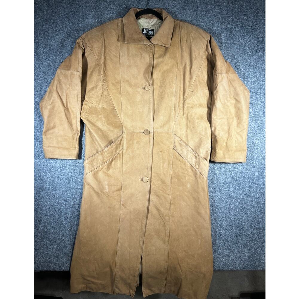Vintage 90s Tan Leather Trench Coat Medium Overcoat